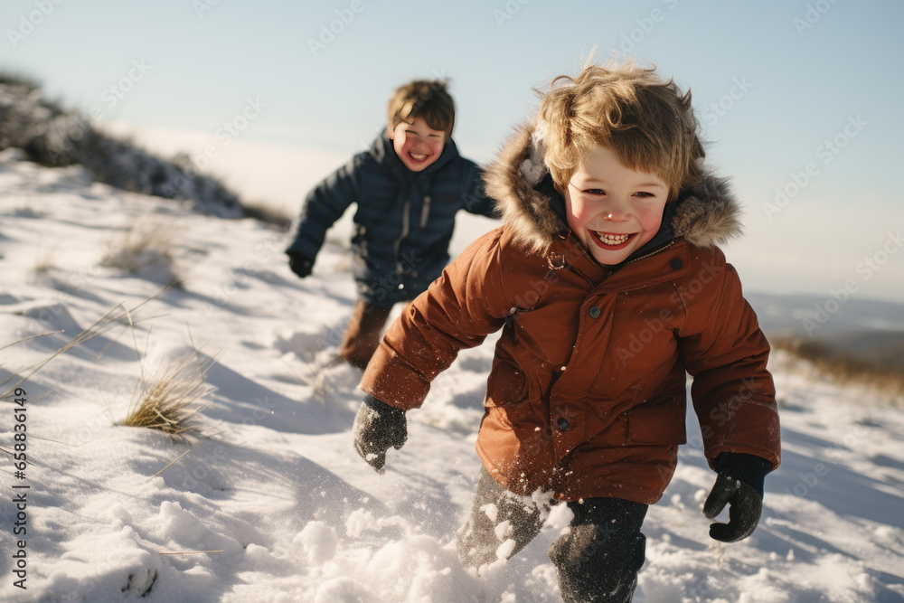 two children enjoying themselves playing in the snow on top of a snowy hill two children enjoying themselves playing in the snow on top of a snowy hill