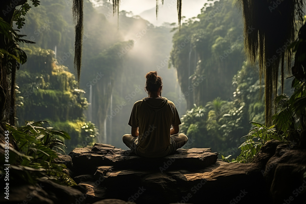 Man meditating yoga at sunset mountains Travel Lifestyle relaxation emotional concept adventure summer vacations outdoor harmony with nature