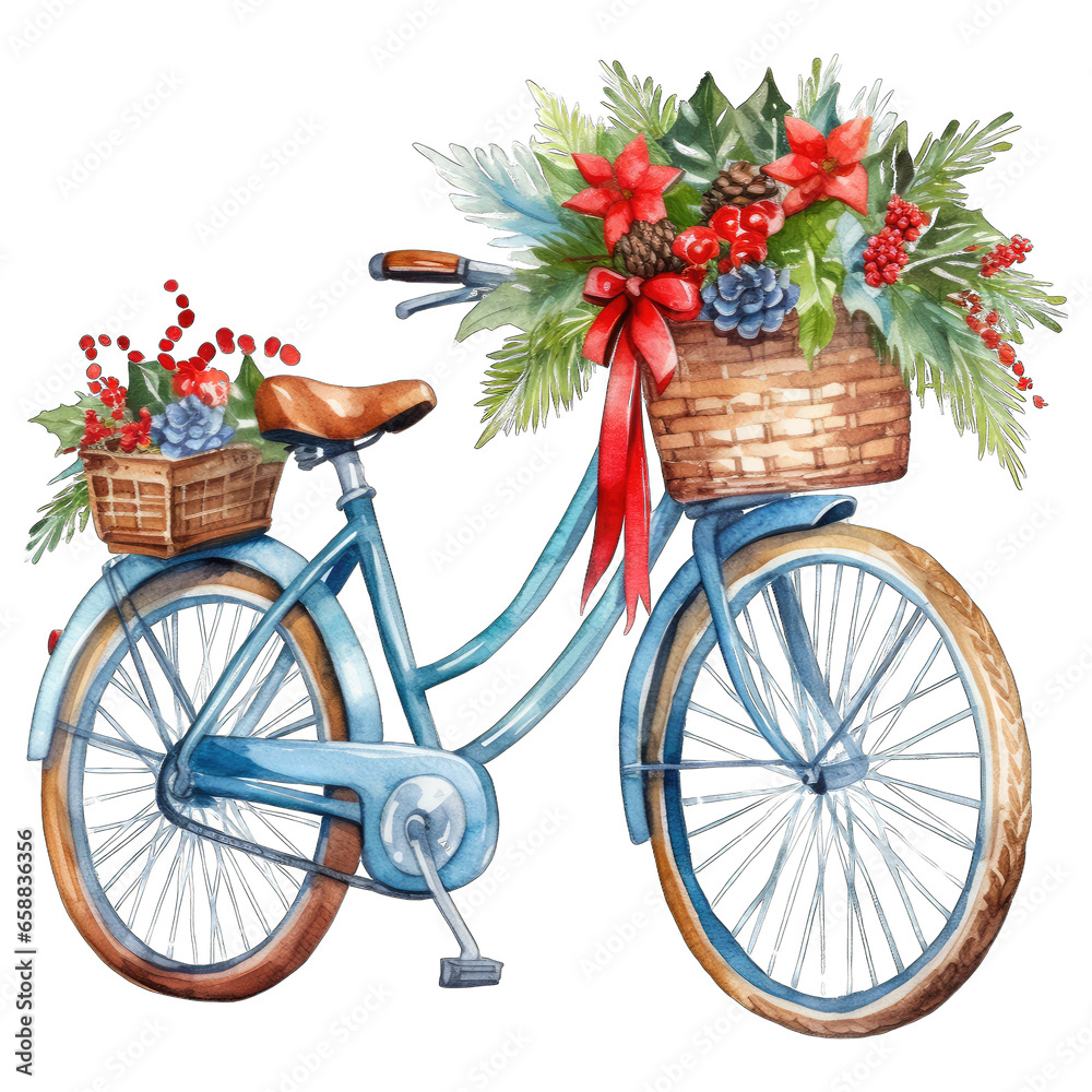 Blue colored Christmas themed decorated bicycle, isolated 