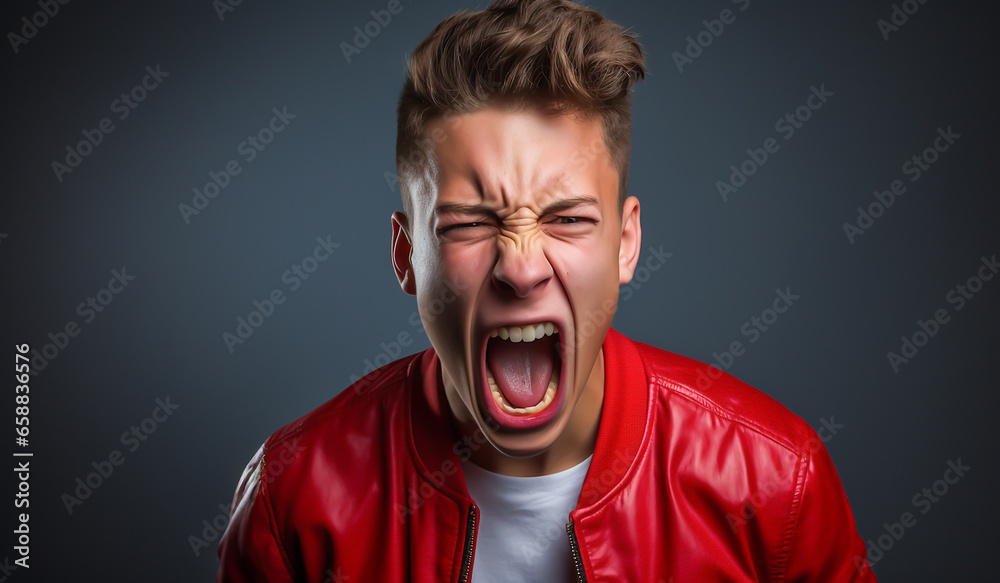 Teenager boy screaming in protest sign, isolated on colorful studio background. Ai generated