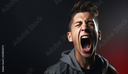 Teenager boy screaming in protest sign, isolated on colorful studio background. Ai generated