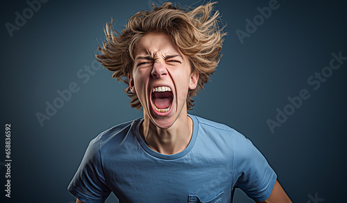 Teenager boy screaming in protest sign, isolated on colorful studio background. Ai generated photo