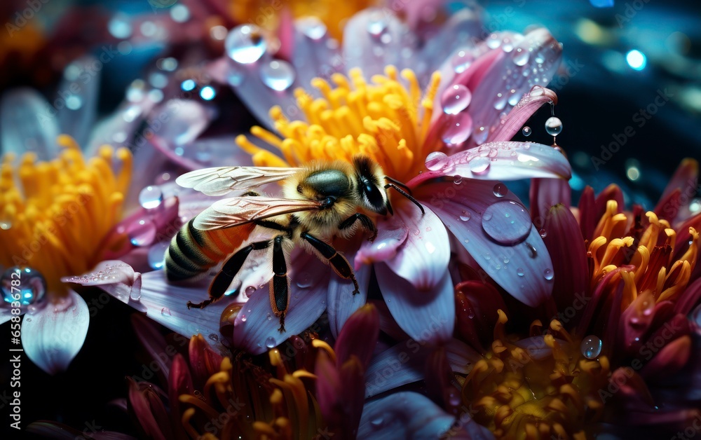 Naklejka premium The vibrant and intricate details of flowers, with dew-kissed petals and bees collecting pollen. Generative AI
