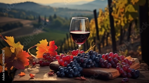 Captivating Red Wine and Grapes Table by a Vineyard, Embrace the Richness of the Harvest Season. Generative AI