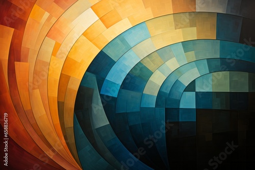 Colorful abstract background with circles, squares, lines, and curves.