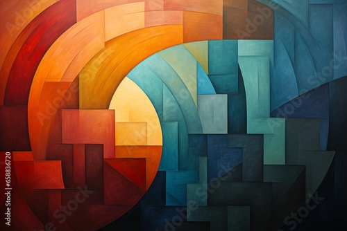 Colorful abstract background with circles, squares, lines, and curves.