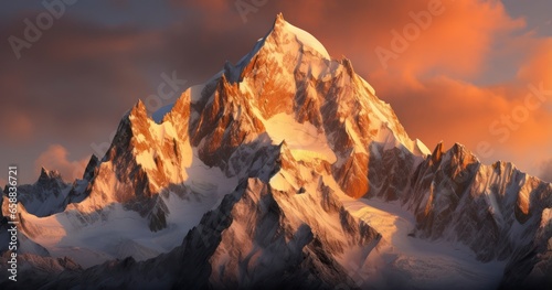 Majestic Heights. Awe-inspiring beauty of towering mountain peaks reaching for the clouds, bathed in the golden light of the setting sun. Generative AI