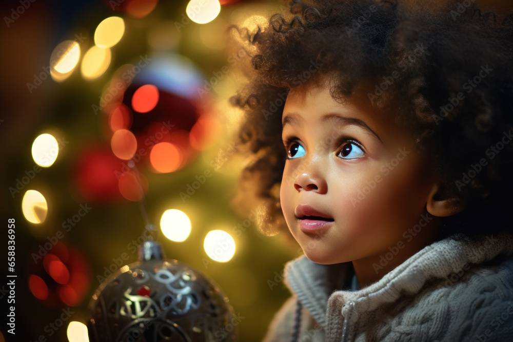 A black mixed race African American girl toddler intrigued by Christmas tree A black mixed race African American girl toddler intrigued by Christmas tree