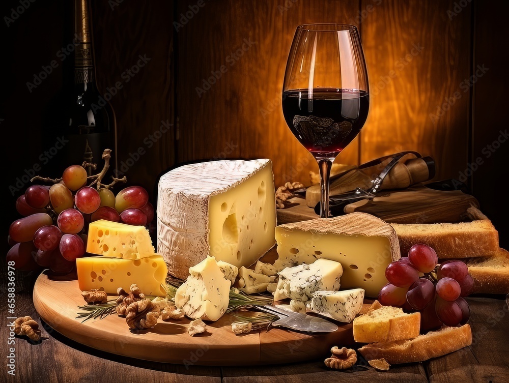 Cheese board with different varieties and glass of wine. AI Cheese board with different varieties and glass of wine. AI