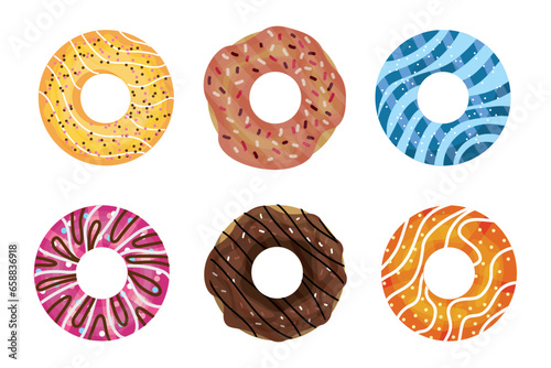 Set of colorful donuts on white background