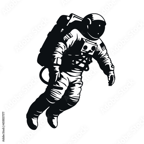 Minimalistische Silhouette eines fliegenden Astronauten in schwarz-weiß vektor