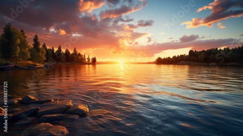 A stunning sunset landscape, illuminating tranquil waters with golden hues. Generative AI photo