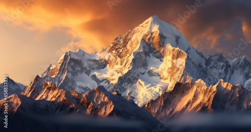 Majestic Heights. Awe-inspiring beauty of towering mountain peaks reaching for the clouds, bathed in the golden light of the setting sun. Generative AI © Godam