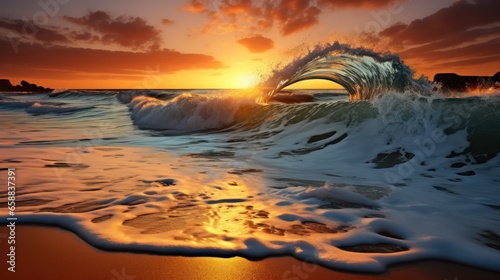 Sunset Serenade - The Majestic Beauty of a White Sandy Beach on a Dazzling Sunset. Generative AI © Godam