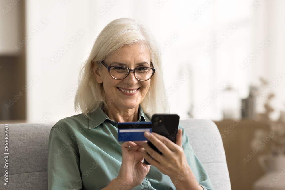Happy satisfied senior bank client woman using financial service for paying on Internet, enjoying money spending, shopping on Internet, making transactions, checking electronic wallet, accounts Happy satisfied senior bank client woman using financial service for paying on Internet, enjoying money spending, shopping on Internet, making transactions, checking electronic wallet, accounts