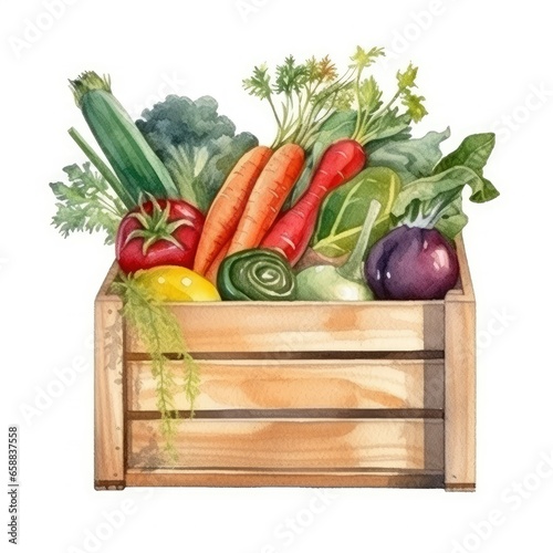 Wooden box with vegetables watercolor isolated on white
