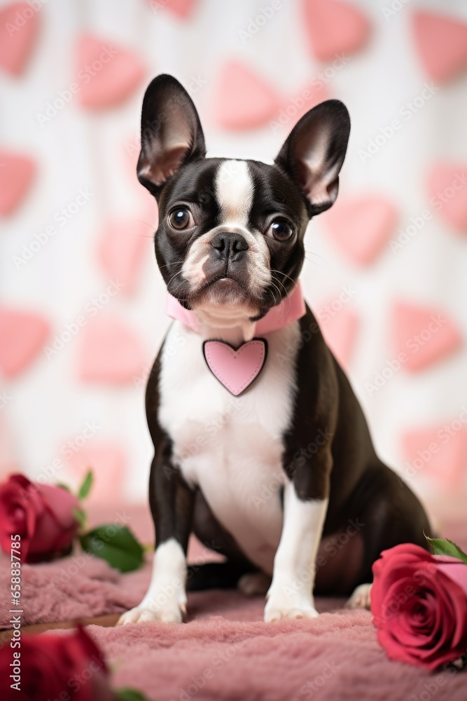 An adorable Boston Terrier with roses and a heart. Generative AI. 