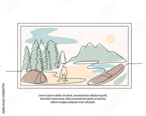 One line camping poster drawing with a beautiful frame. Abstract minimal continuous line wall decor.