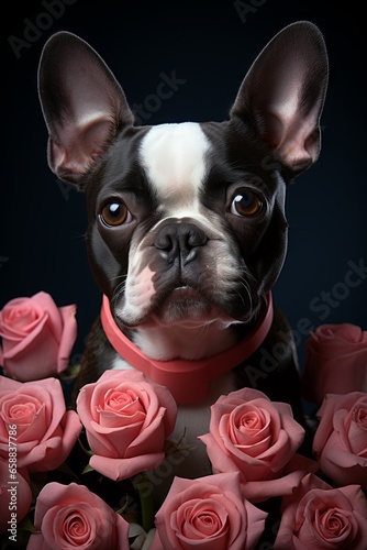 An adorable Boston Terrier with roses. Generative AI.  © Elle Arden 
