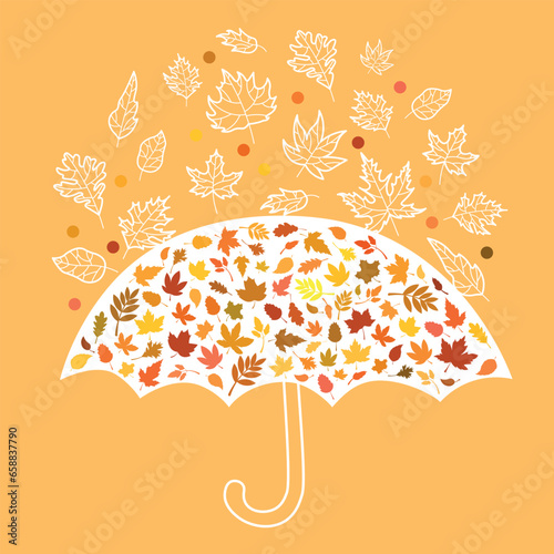 Umbrella and autumn leaves on orange background