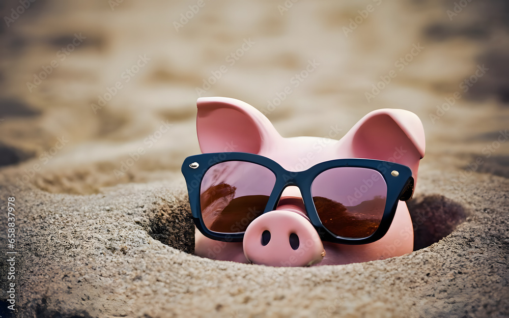 Piggy bank wearing sunglasses at the beach for money saving wealth concept
