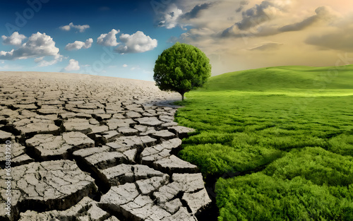 Climate change field with changing environment. Global Warming and Pollution Concept