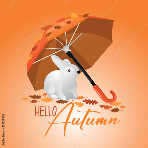 Text HELLO, AUTUMN, rabbit, umbrella and leaves on orange background