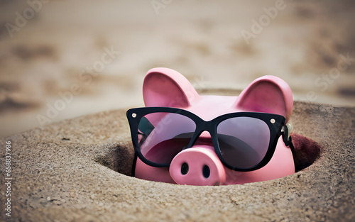 Piggy bank wearing sunglasses at the beach