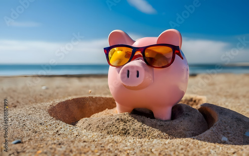Piggy bank wearing sunglasses at the beach for money saving wealth concept © FutureStock