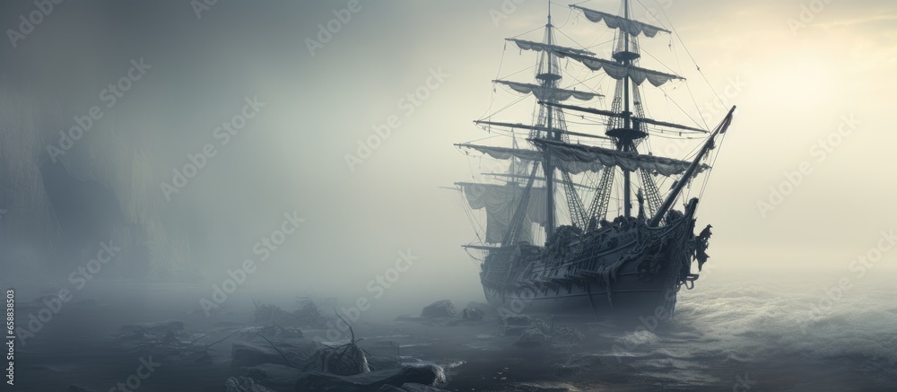 Fototapeta premium Ghostly pirate ship in the mist With copyspace for text