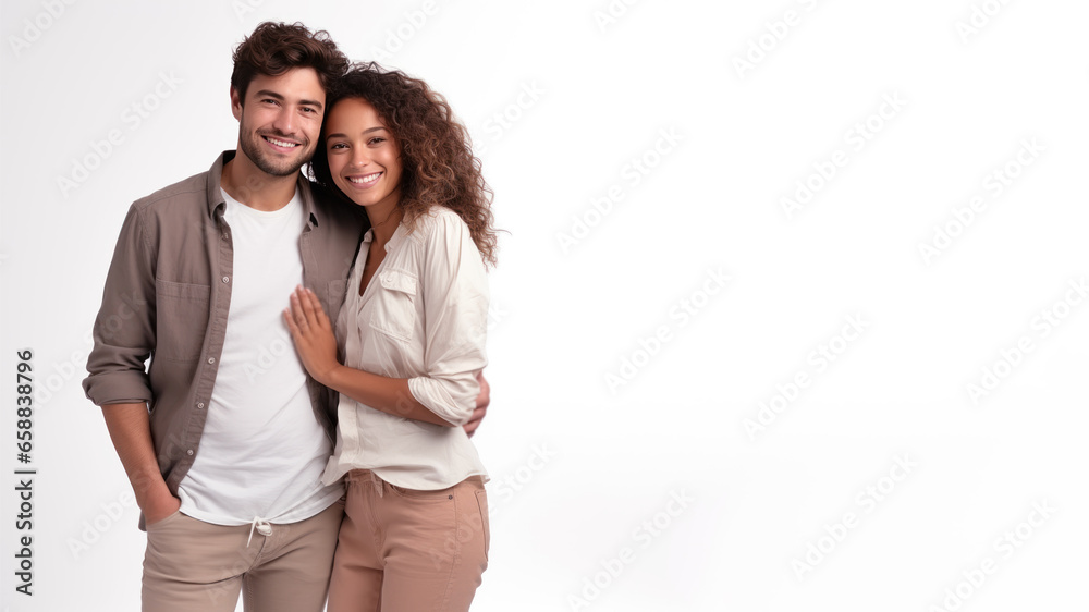 Couple Romantic standing side by side and hugging, isolated on white Couple Romantic standing side by side and hugging, isolated on white