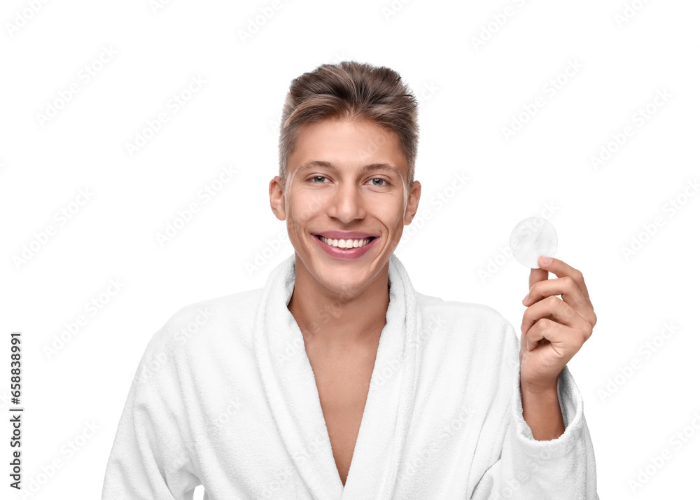 Handsome man with cotton pad on white background