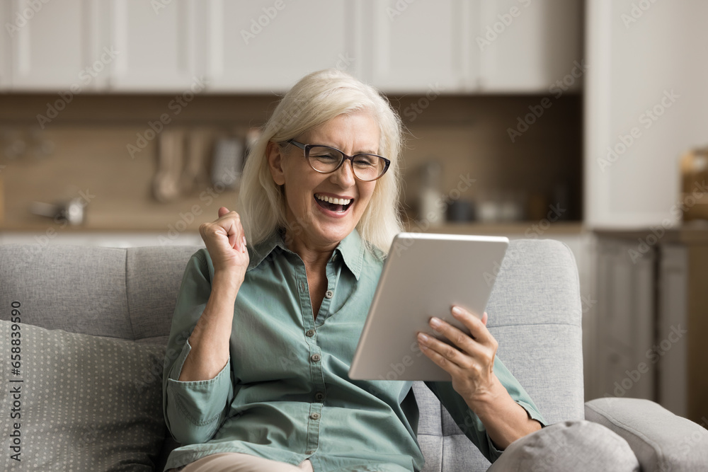 Cheerful excited elderly woman using digital tablet computer, making winner yes hand, laughing, getting great good news, looking at screen, enjoying success, triumph, win - obrazy, fototapety, plakaty 