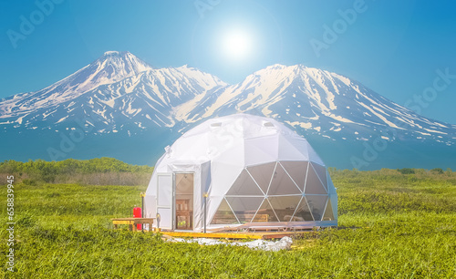 Glamping on the slope of a volcano in autumn on the Kamchatka Peninsula