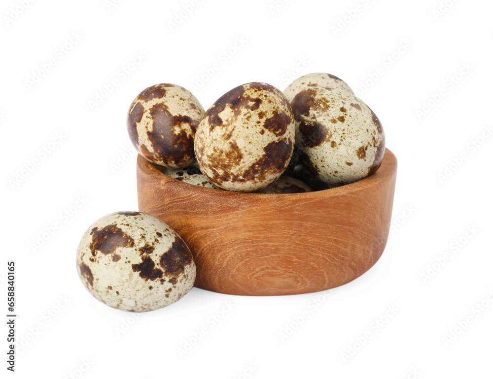 Wooden bowl with quail eggs isolated on white Wooden bowl with quail eggs isolated on white