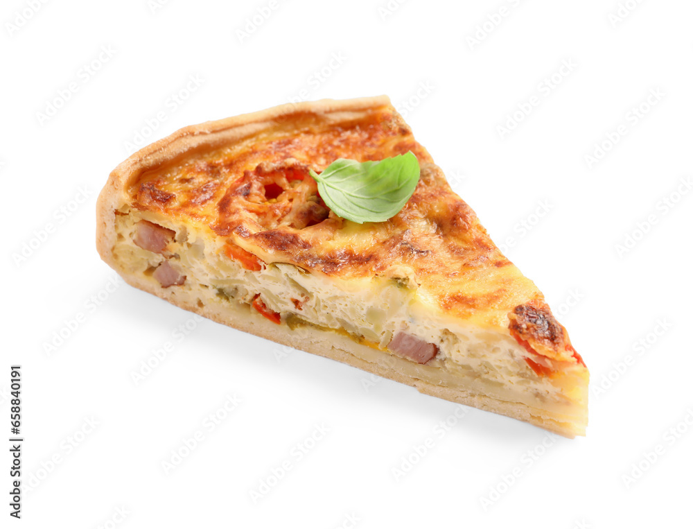 Piece of delicious homemade vegetable quiche isolated on white Piece of delicious homemade vegetable quiche isolated on white
