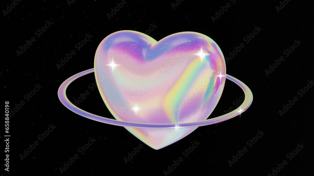 3d Abstract holographic chrome dreamy heart in space galaxy. Bright pink aura background wallpaper 4k y2k retro 80s 90s. Looped animation 4k 30fps 