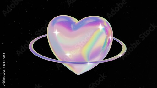 3d Abstract holographic chrome dreamy heart in space galaxy. Bright pink aura background wallpaper 4k y2k retro 80s 90s. Looped animation 4k 30fps 