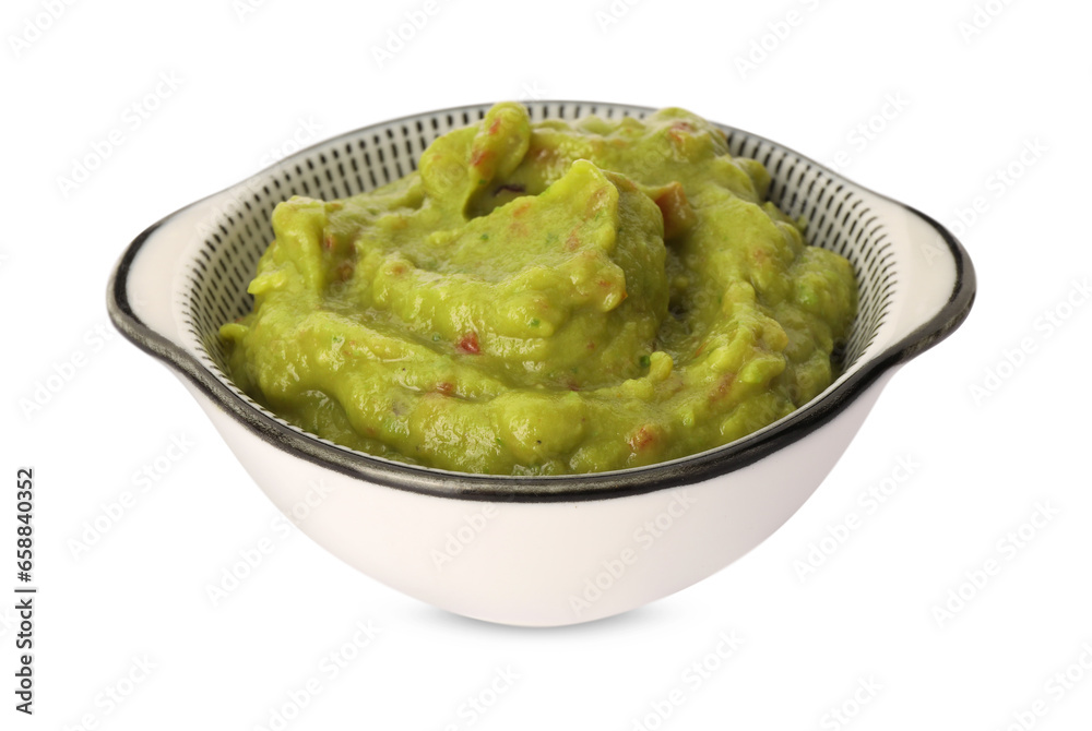 Bowl of delicious guacamole isolated on white Bowl of delicious guacamole isolated on white
