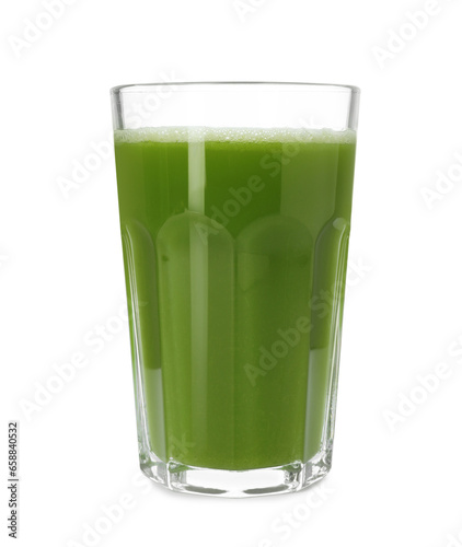 Glass of fresh celery juice on white background