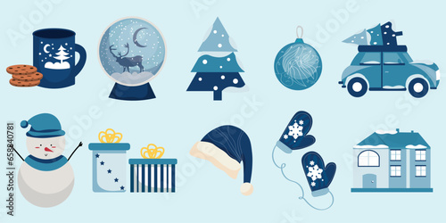 Collection of Christmas items on light blue background