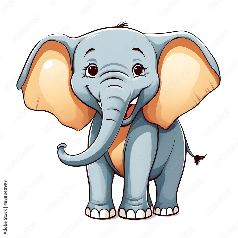 Naklejka premium Cute Comic Elephant Smiles, Cartoon Style, Isolated with White Background