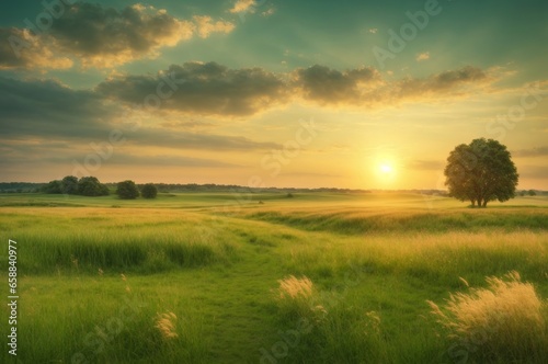 A beautiful summer rustic pastoral landscape panorama featuring tall flowering grass on a green  AI Generative