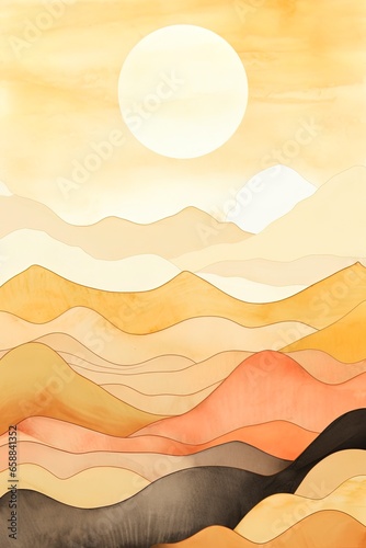 a boho vintage watercolor illustration of a landscape with mountains and sun with orange and gold colors.