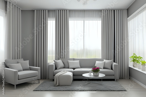 Gray living room with curtain window concept and garden view. Gray sofa rug and chair decoration. modern bedroom frame house design. Modern living room
