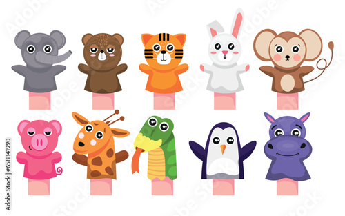 Group of cute animal sock toys on white background