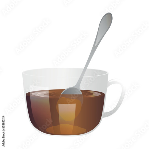 Glass cup of tea with sweet honey and spoon on white background