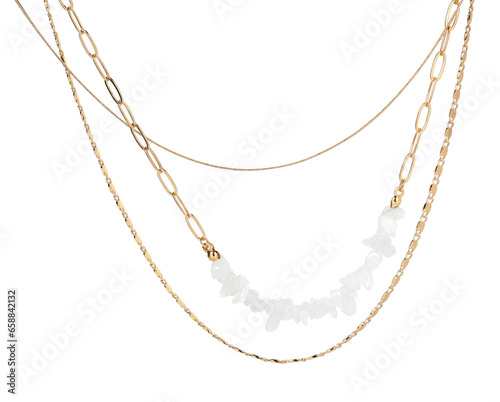 Metal chains with gemstones isolated on white. Luxury jewelry