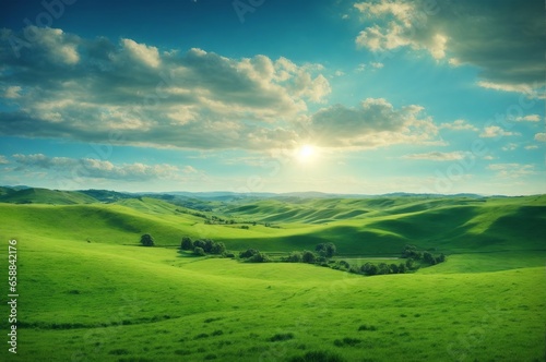 natural scenic panorama of a lush green field, with rolling hills and a clear blue sky, AI Generative