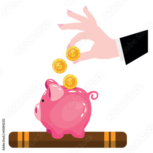 Female hand with golden coins, piggy bank and book on white background